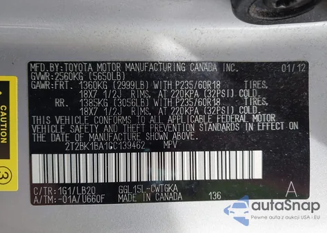 2012 Lexus Rx 350 350 from USA, damaged, VIN 2T2BK1BA1CC139462